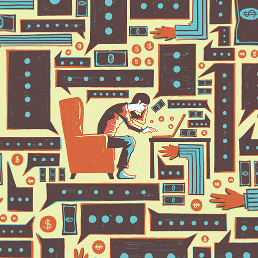 thumbnail of person sitting on a chair surrounded by a maze of fingers and bills